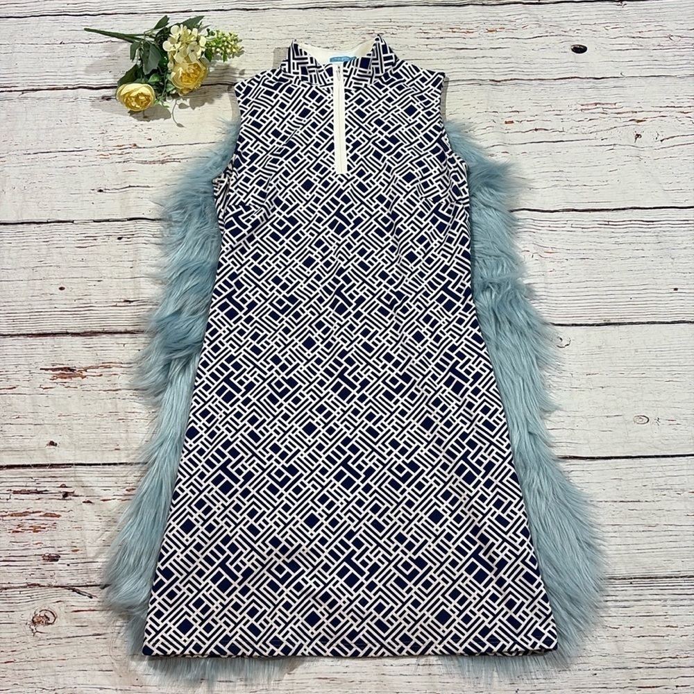 J. McLaughlin Bedford Blue Geometric Zip Neck Shift Dress